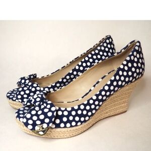 Polka Dot Wedge Shoes - Navy and White